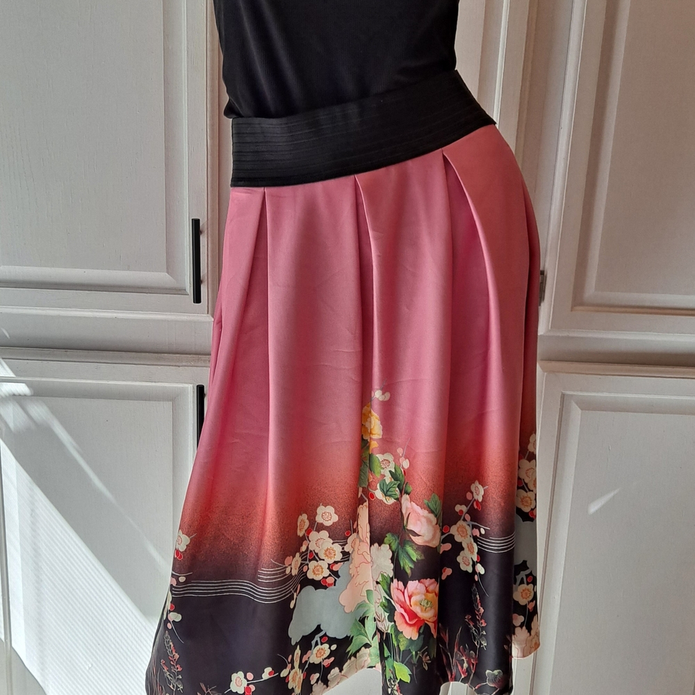 New York & Company Pink and Black Floral Midi Skirt